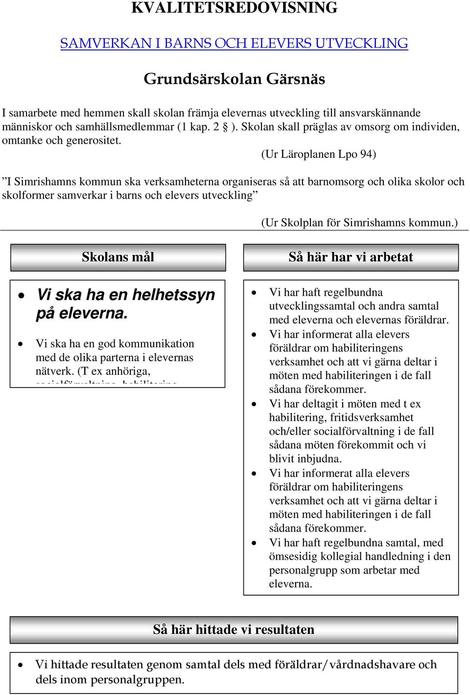 (Ur Läroplanen Lpo 94) I Simrishamns kommun ska verksamheterna organiseras så att barnomsorg och olika skolor och skolformer samverkar i barns och elevers utveckling (Ur Skolplan för Simrishamns