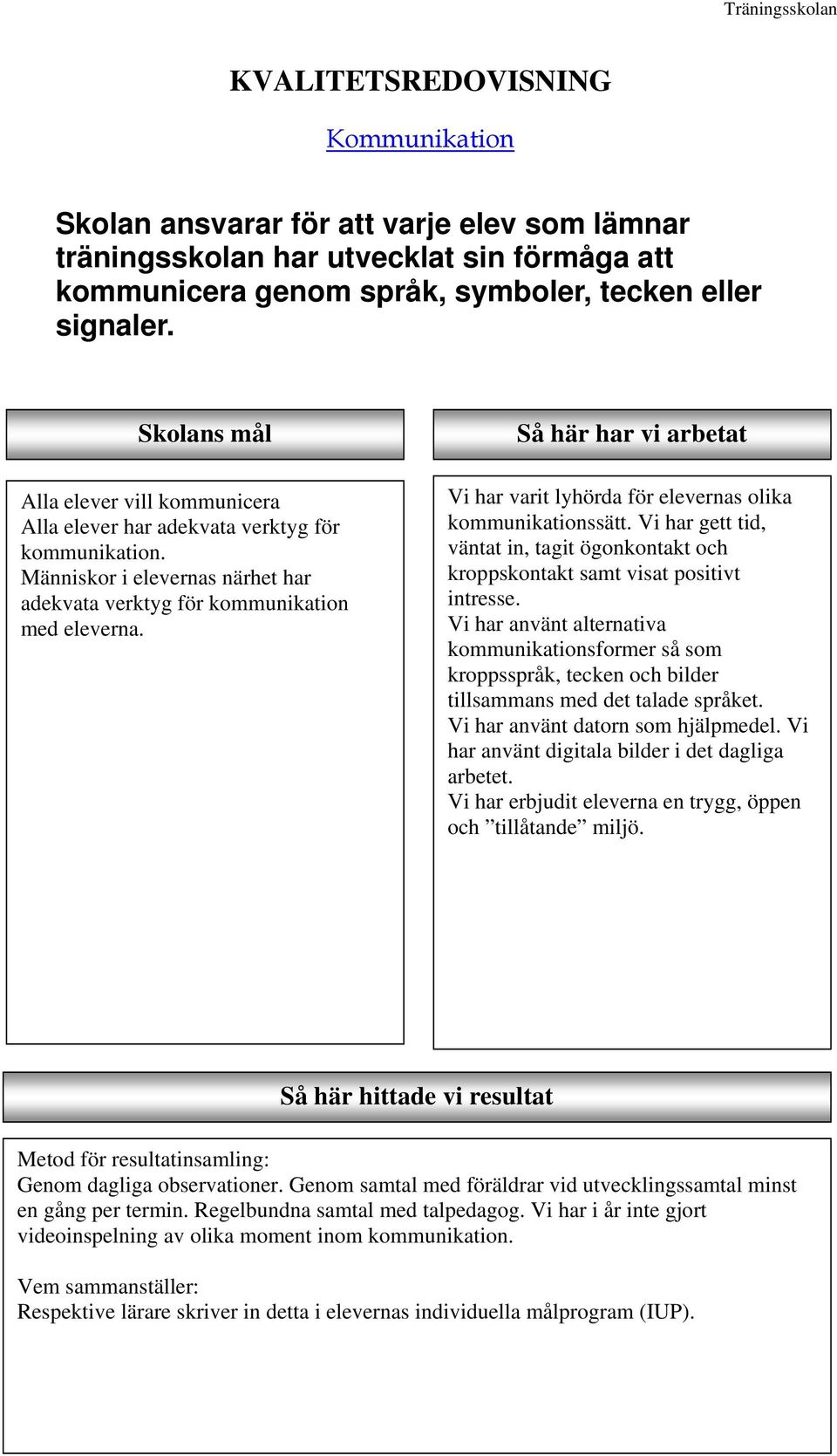 Så här har vi arbetat Vi har varit lyhörda för elevernas olika kommunikationssätt. Vi har gett tid, väntat in, tagit ögonkontakt och kroppskontakt samt visat positivt intresse.