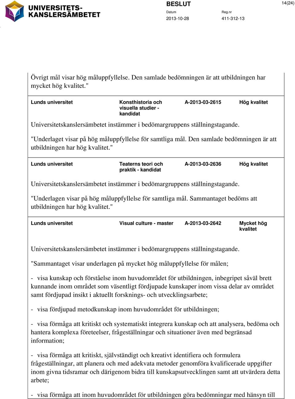 Hög kvalitet "Underlaget visar på hög måluppfyllelse för samtliga mål. Den samlade bedömningen är att utbildningen har hög kvalitet.