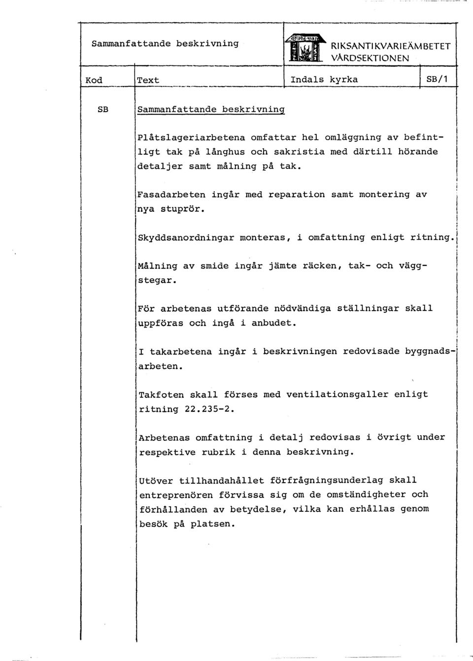 Fasadarbeten ingår med reparation samt montering av nya stuprör. Skyddsanordningar monteras, i omfattning enigt Måning av smide ingår jämte räcken, tak- och väggstegar.