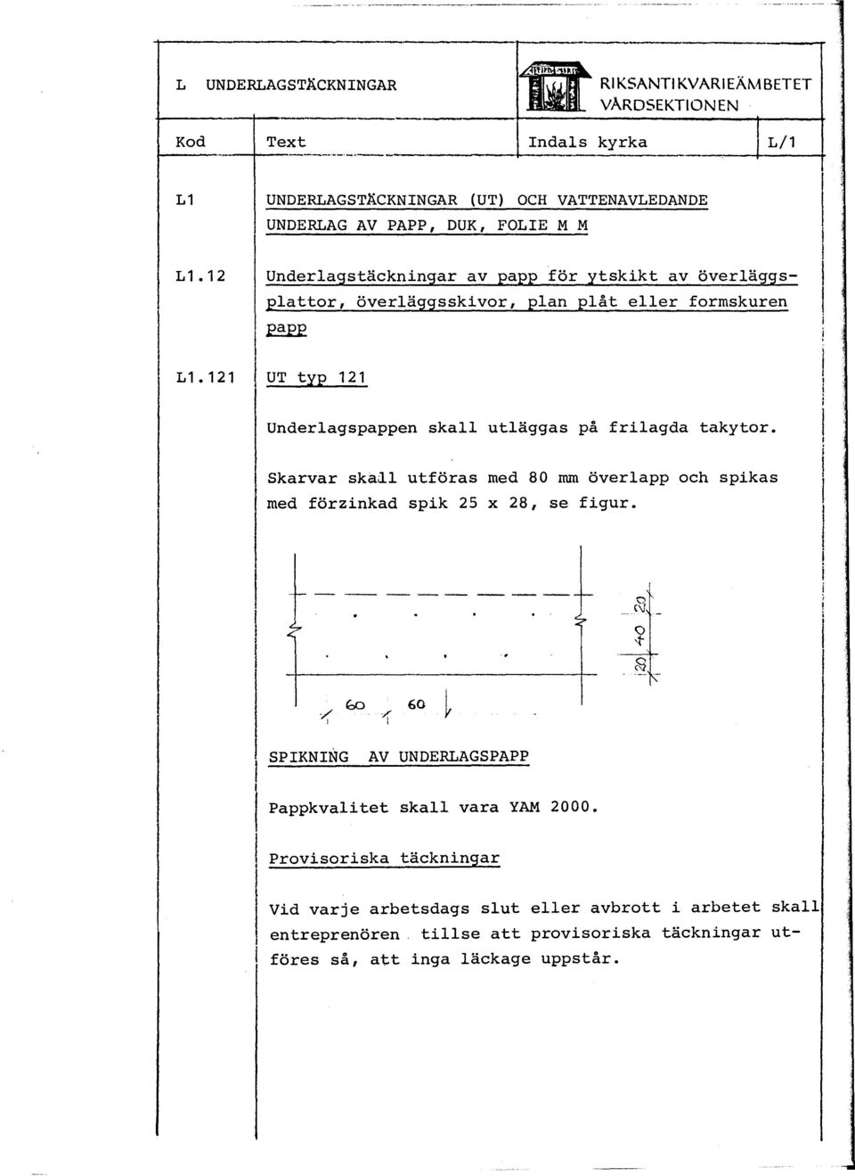 12 Underagstäckningar av papp för ytskikt av överäggspattor, överäggsskivor, pan påt eer formskuren ~ L1.121 UT typ 121 Underagspappen ska utäggas på friagda takytor.