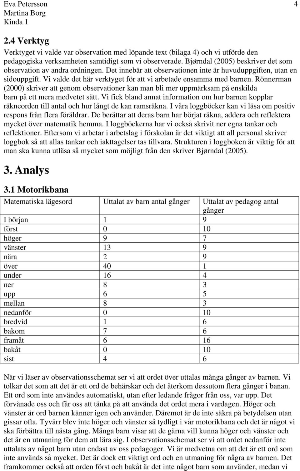 Vi valde det här verktyget för att vi arbetade ensamma med barnen. Rönnerman (2000) skriver att genom observationer kan man bli mer uppmärksam på enskilda barn på ett mera medvetet sätt.