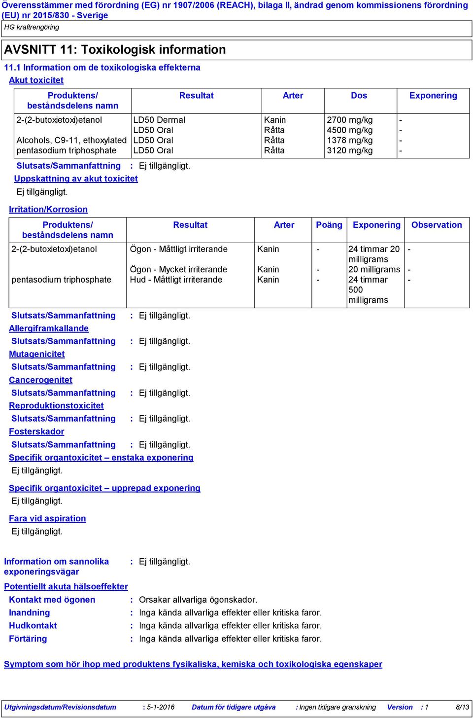 pentasodium triphosphate LD50 Oral Råtta 3120 mg/kg Uppskattning av akut toxicitet Irritation/Korrosion Mutagenicitet Cancerogenitet Reproduktionstoxicitet Fosterskador Resultat Arter Dos Exponering
