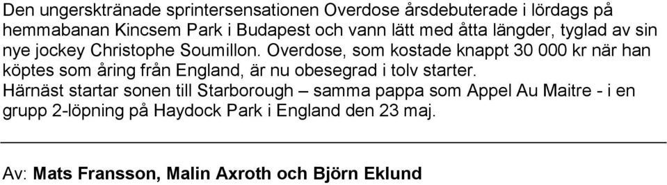 Overdose, som kostade knappt 30 000 kr när han köptes som åring från England, är nu obesegrad i tolv starter.