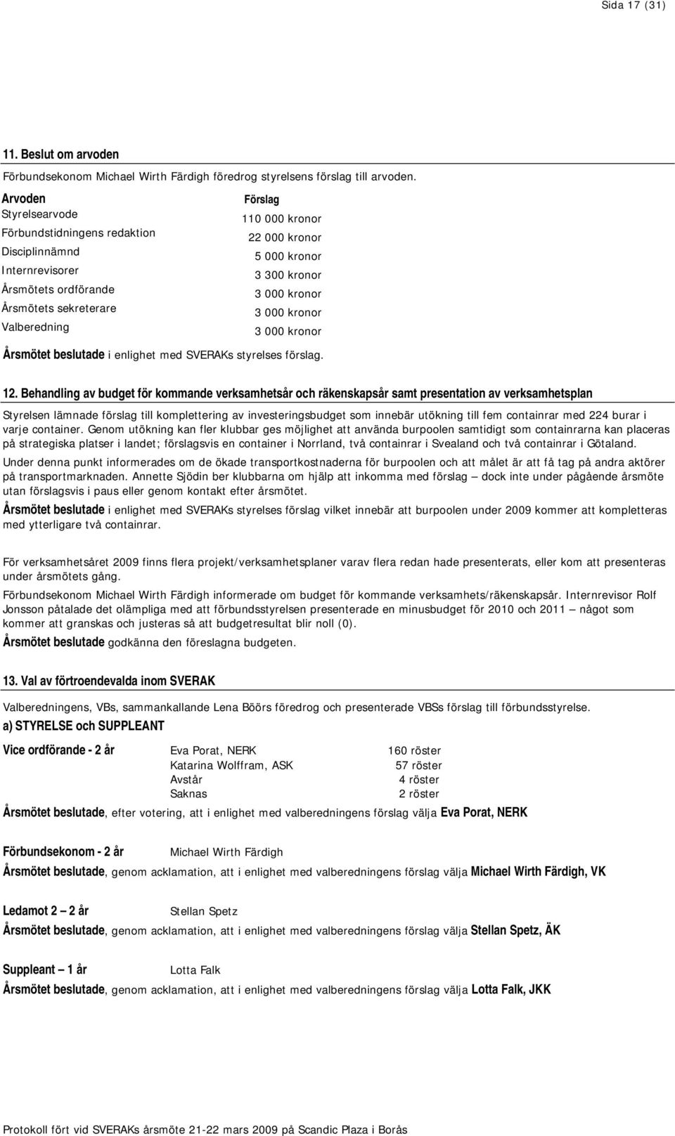 sekreterare 3 000 kronor Valberedning 3 000 kronor Årsmötet beslutade i enlighet med SVERAKs styrelses förslag. 12.