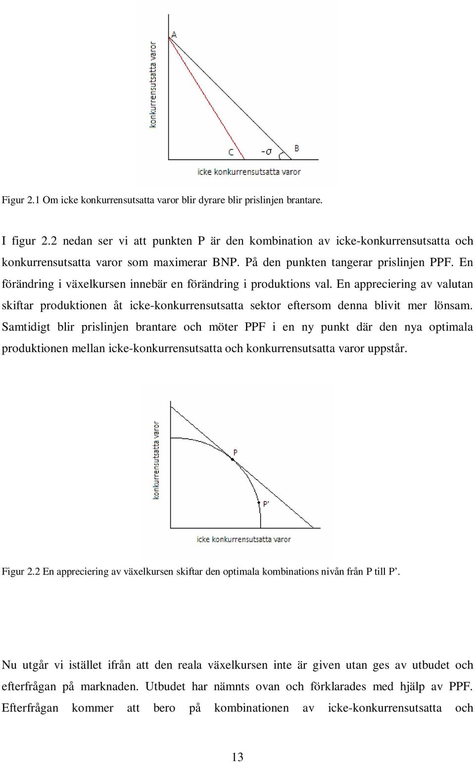 En förändring i växelkursen innebär en förändring i produktions val. En appreciering av valutan skiftar produktionen åt icke-konkurrensutsatta sektor eftersom denna blivit mer lönsam.