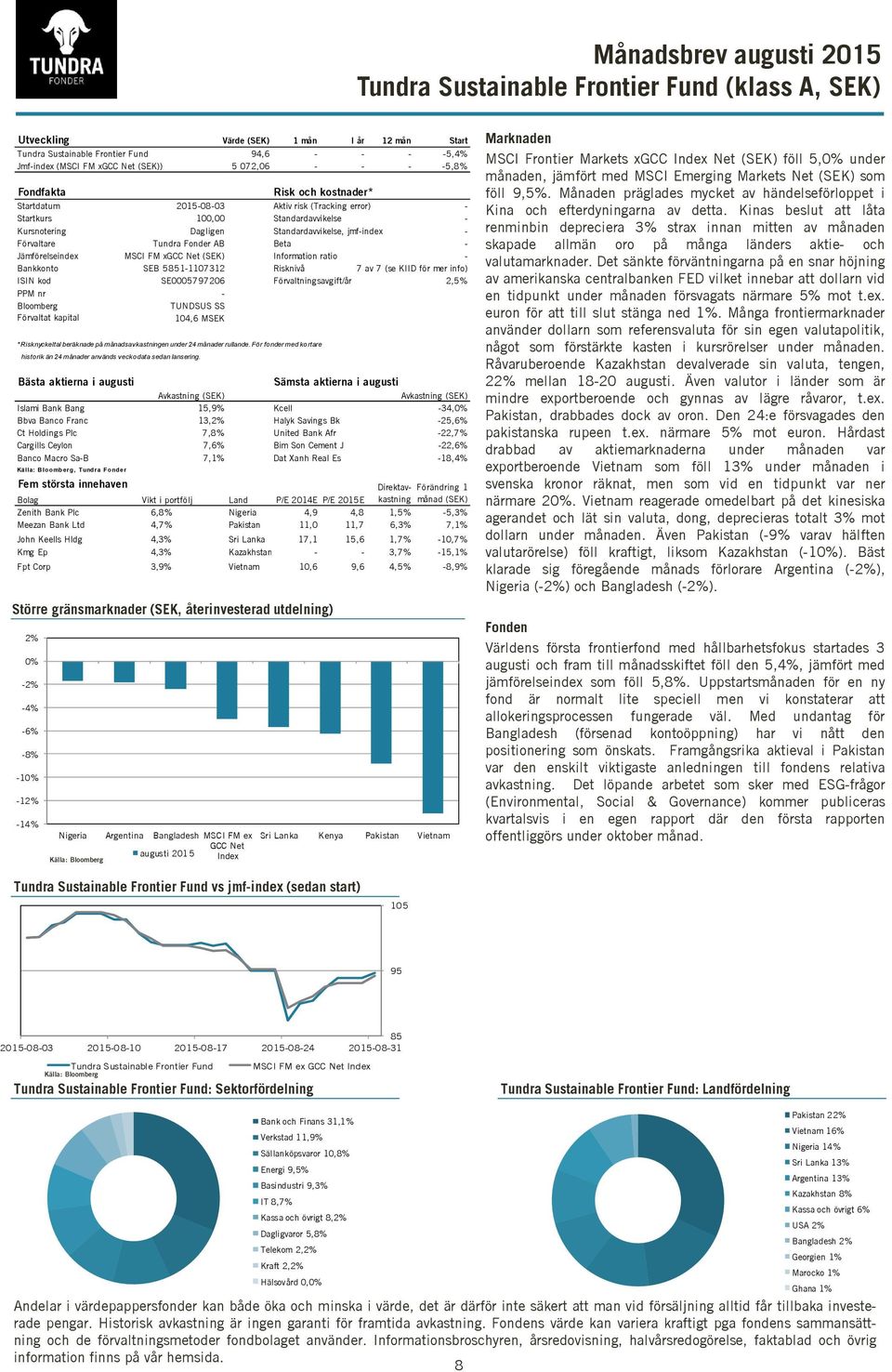 AB Beta - Jämförelseindex MSCI FM xgcc Net (SEK) Information ratio - Bankkonto SEB 5851-7312 Risknivå 7 av 7 (se KIID för mer info) ISIN kod SE0005797206 Förvaltningsavgift/år 2,5% PPM nr - Bloomberg