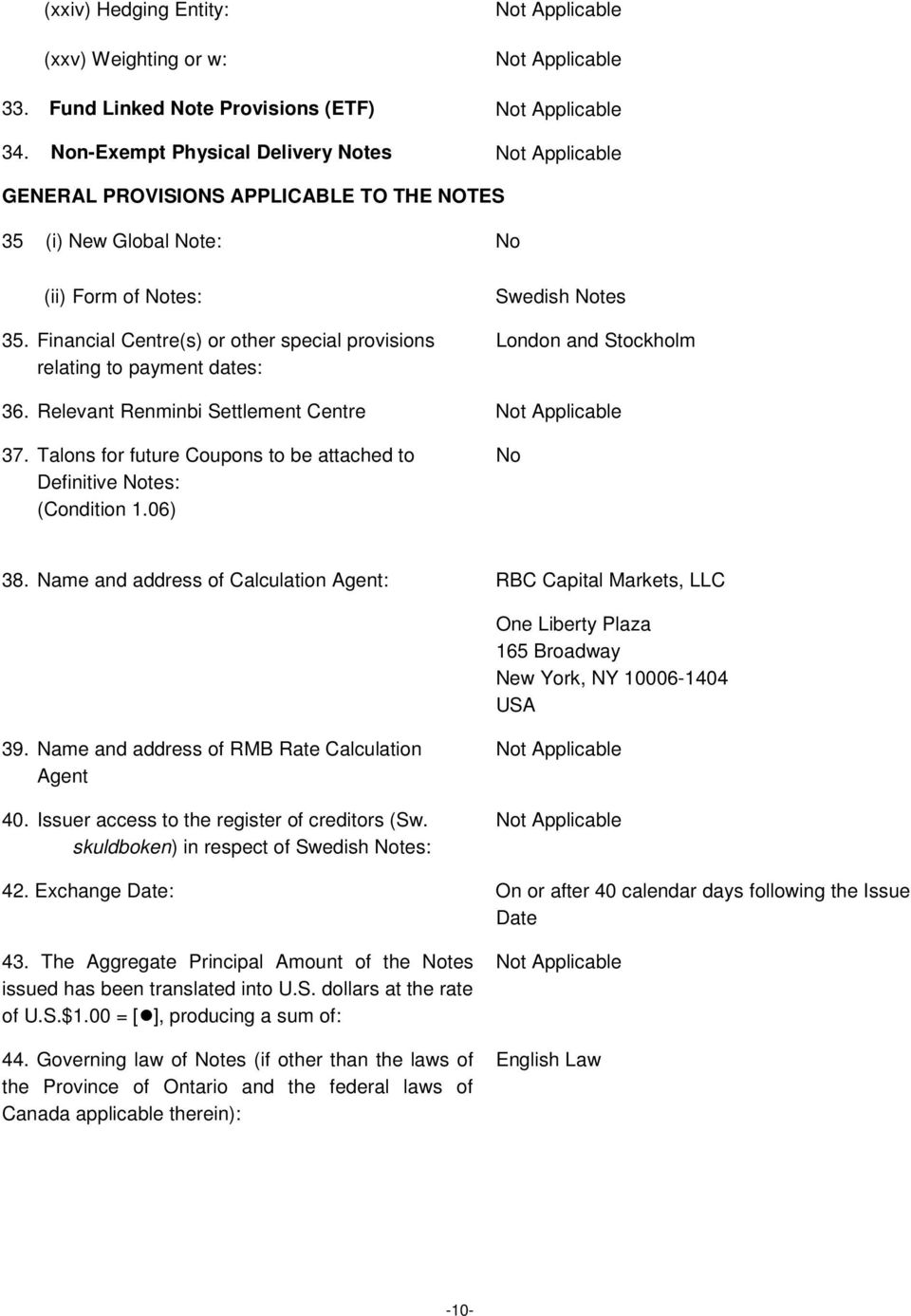 Financial Centre(s) or other special provisions relating to payment dates: Swedish Notes London and Stockholm 36. Relevant Renminbi Settlement Centre 37.