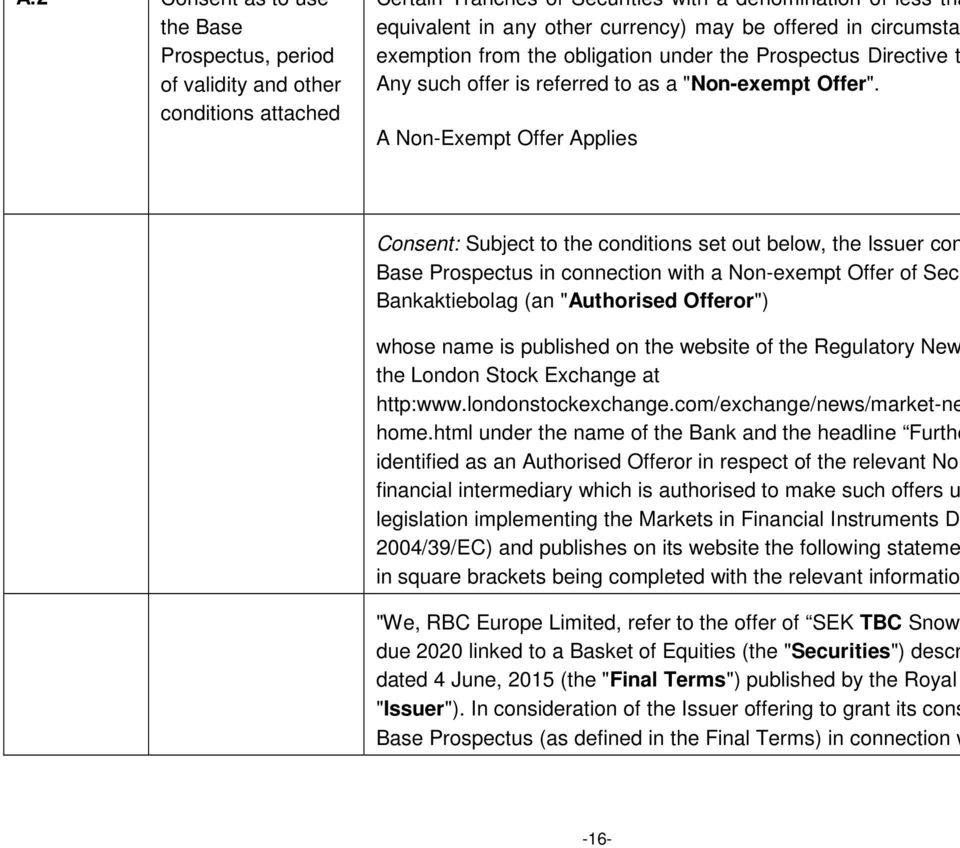 A Non-Exempt Offer Applies Consent: Subject to the conditions set out below, the Issuer con Base Prospectus in connection with a Non-exempt Offer of Secu Bankaktiebolag (an "Authorised Offeror")