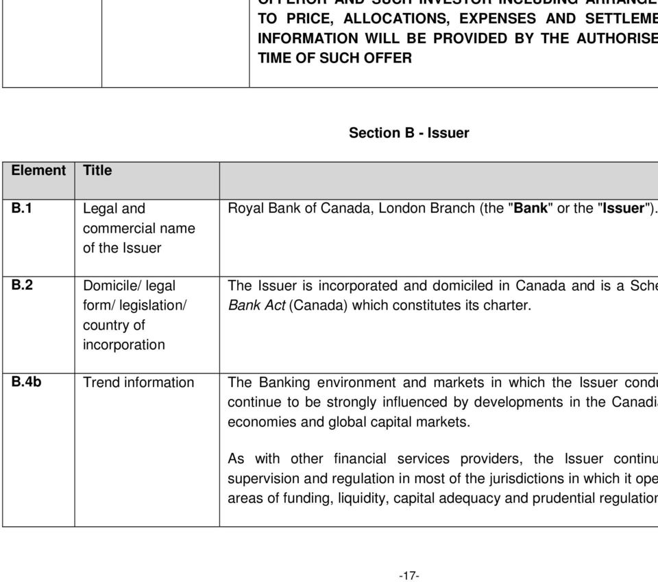 The Issuer is incorporated and domiciled in Canada and is a Sche Bank Act (Canada) which constitutes its charter. continue to be strongly influenced by developments in the Canadia B.