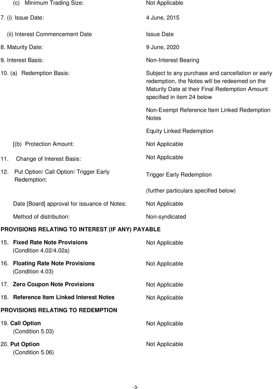 Non-Exempt Reference Item Linked Redemption Notes Equity Linked Redemption [(b) Protection Amount: 11. Change of Interest Basis: 12.