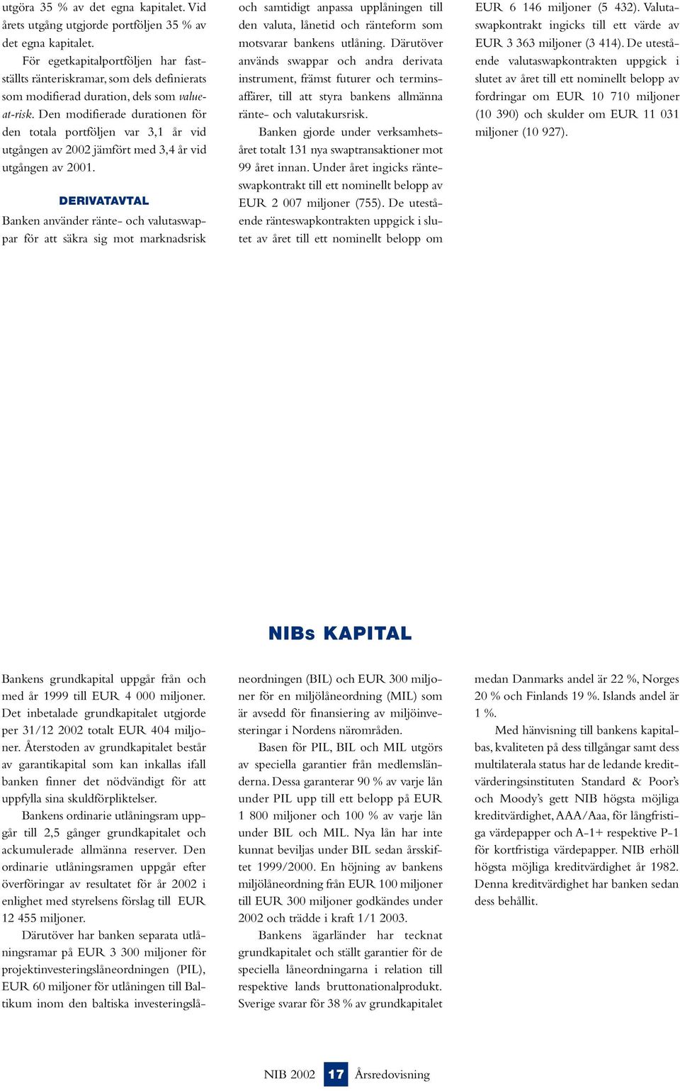 Den modifierade durationen för den totala portföljen var 3,1 år vid utgången av 2002 jämfört med 3,4 år vid utgången av 2001.