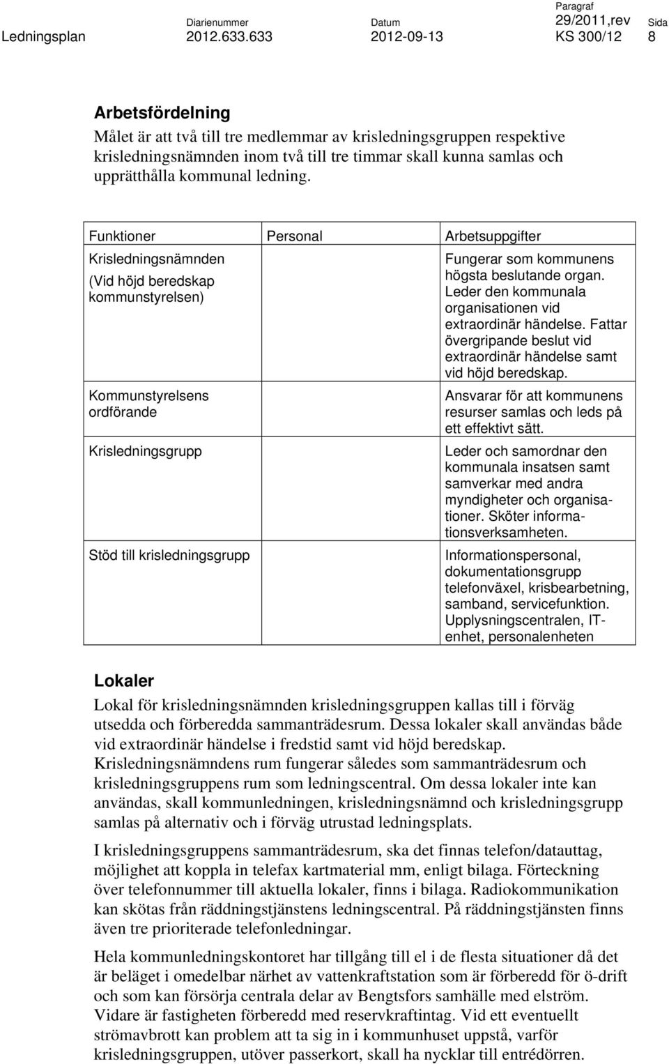 beslutande organ. Leder den kommunala organisationen vid extraordinär händelse. Fattar övergripande beslut vid extraordinär händelse samt vid höjd beredskap.