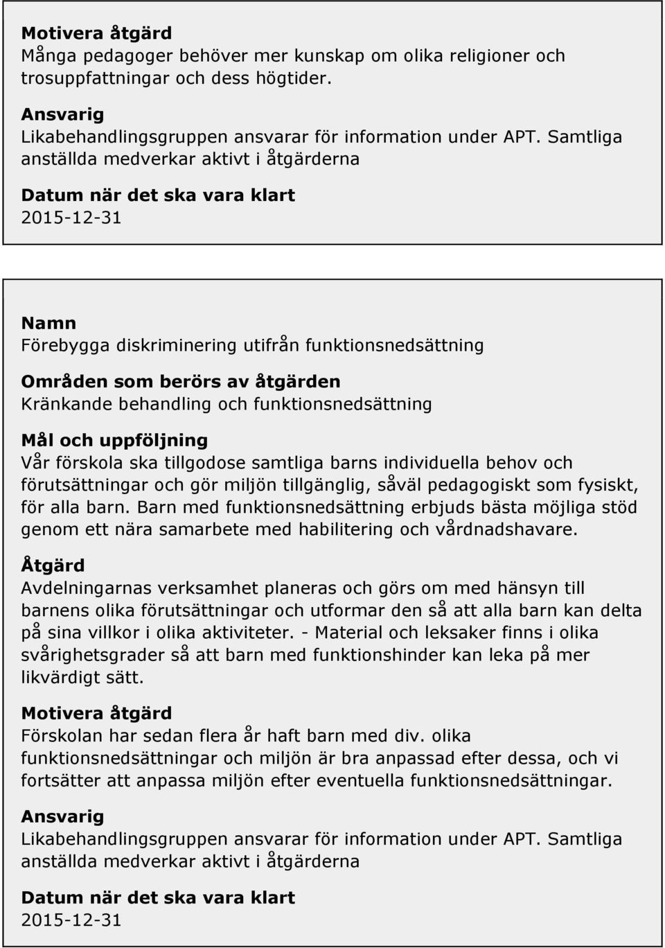 förskola ska tillgodose samtliga barns individuella behov och förutsättningar och gör miljön tillgänglig, såväl pedagogiskt som fysiskt, för alla barn.