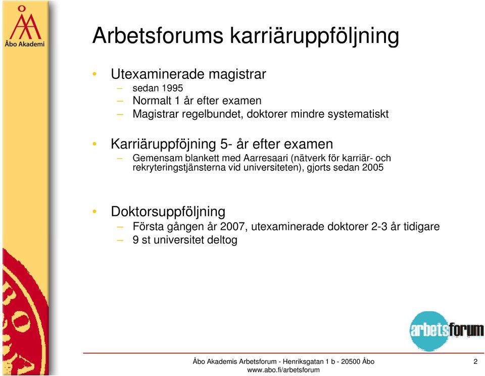 Aarresaari (nätverk för karriär- och rekryteringstjänsterna vid universiteten), gjorts sedan 2005