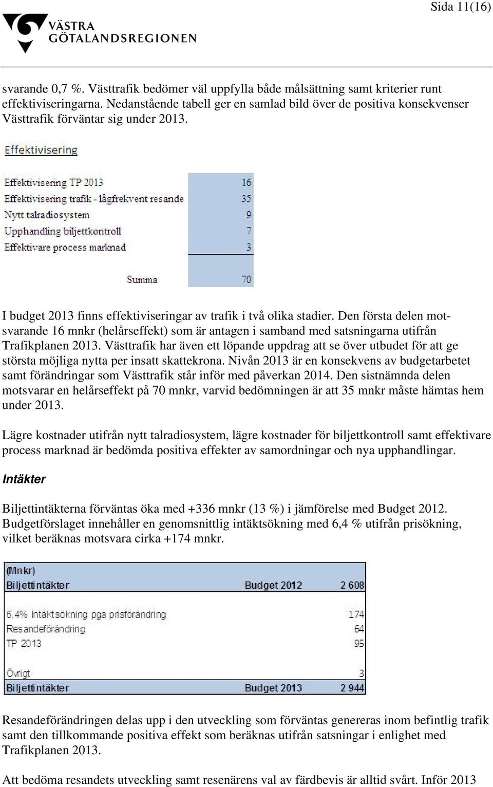 Den första delen motsvarande 16 mnkr (helårseffekt) som är antagen i samband med satsningarna utifrån Trafikplanen 2013.