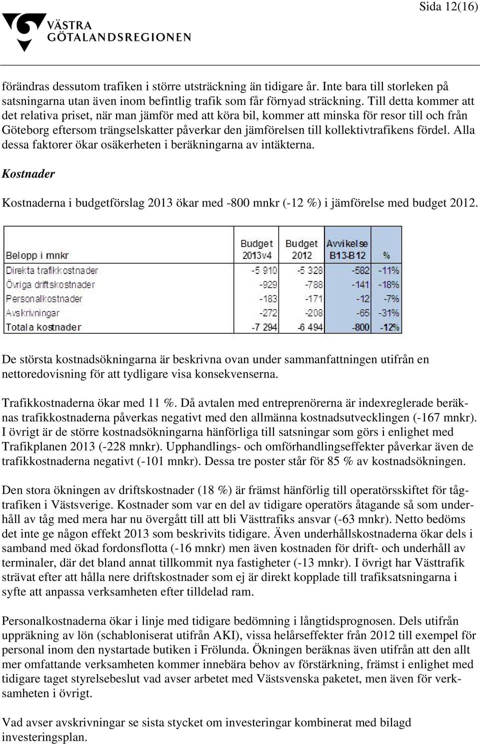 kollektivtrafikens fördel. Alla dessa faktorer ökar osäkerheten i beräkningarna av intäkterna. Kostnader Kostnaderna i budgetförslag 2013 ökar med -800 mnkr (-12 %) i jämförelse med budget 2012.