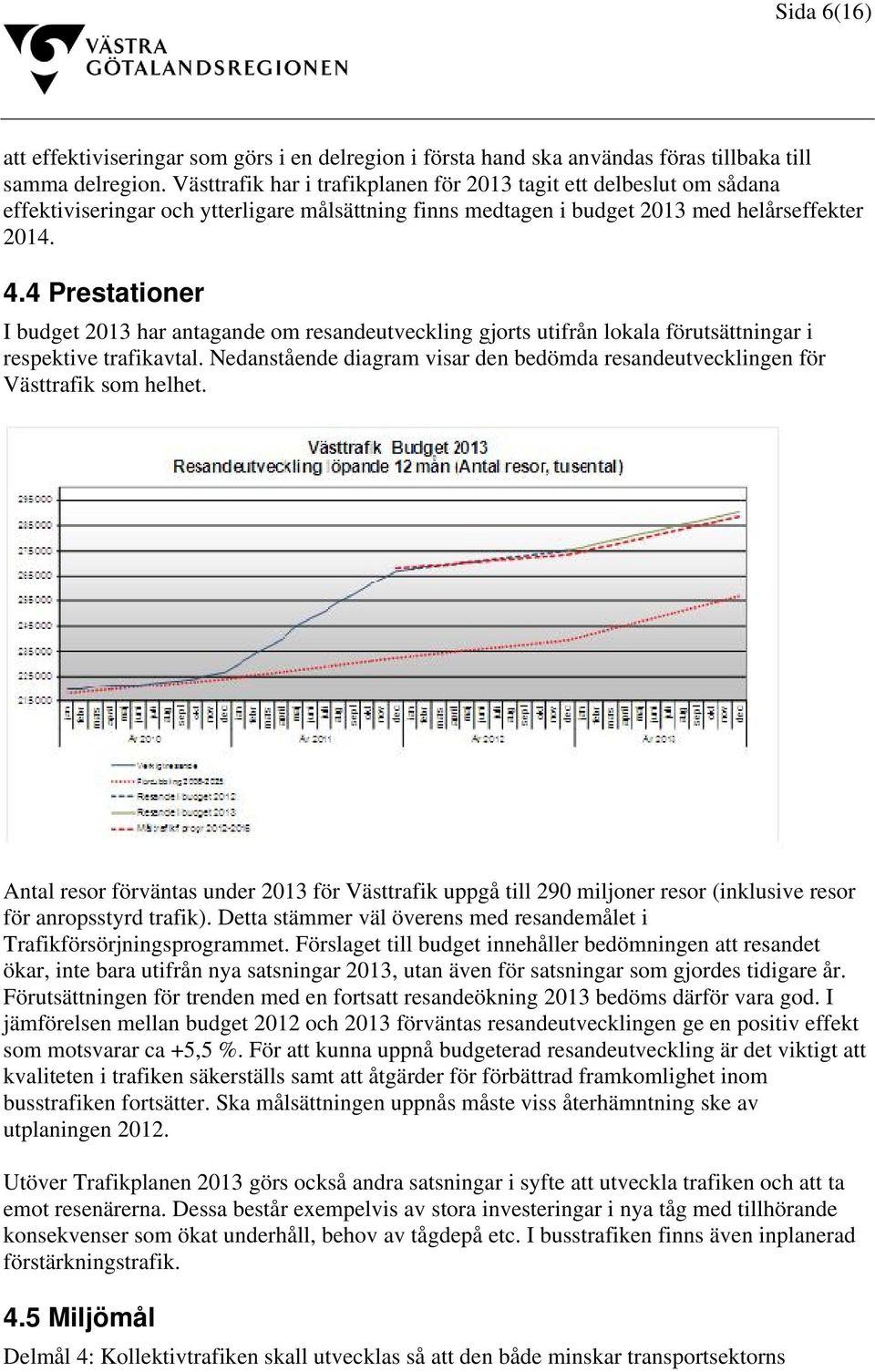 4 Prestationer I budget 2013 har antagande om resandeutveckling gjorts utifrån lokala förutsättningar i respektive trafikavtal.