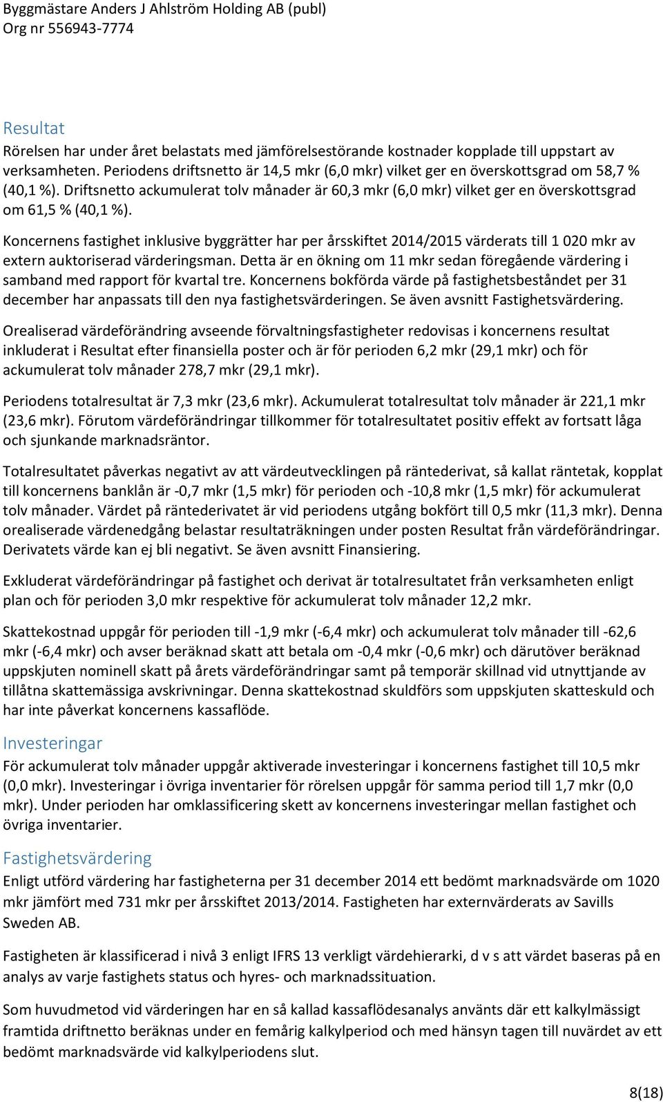 Koncernens fastighet inklusive byggrätter har per årsskiftet 2014/2015 värderats till 1 020 mkr av extern auktoriserad värderingsman.