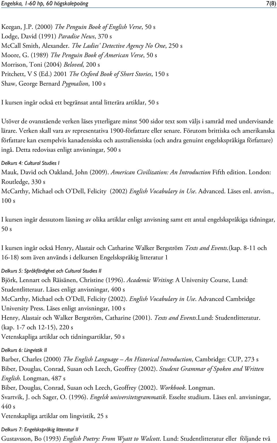 ) 2001 The Oxford Book of Short Stories, 150 s Shaw, George Bernard Pygmalion, 100 s I kursen ingår också ett begränsat antal litterära artiklar, 50 s Utöver de ovanstående verken läses ytterligare