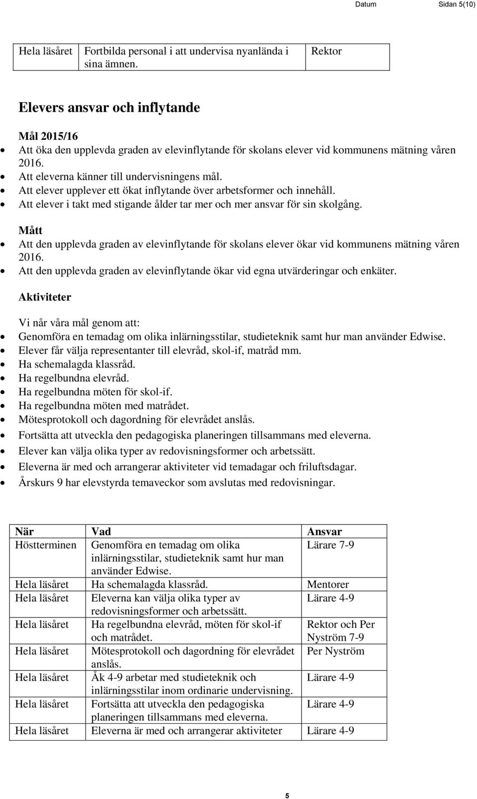 Att elever upplever ett ökat inflytande över arbetsformer och innehåll. Att elever i takt med stigande ålder tar mer och mer ansvar för sin skolgång.