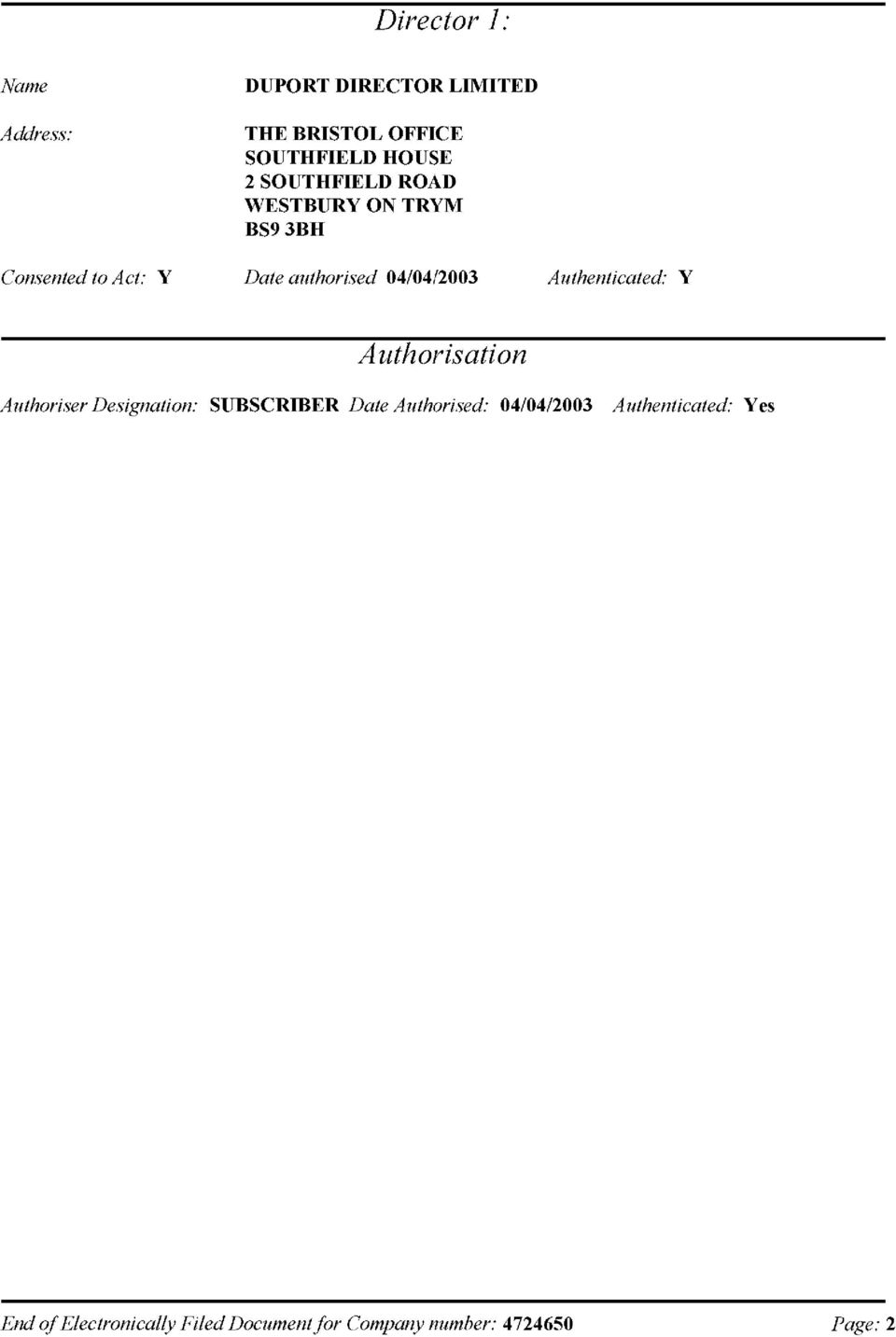 Authenticated: Y A uthorisation Authoriser Designation: SUBSCRIBER Date Authorised: