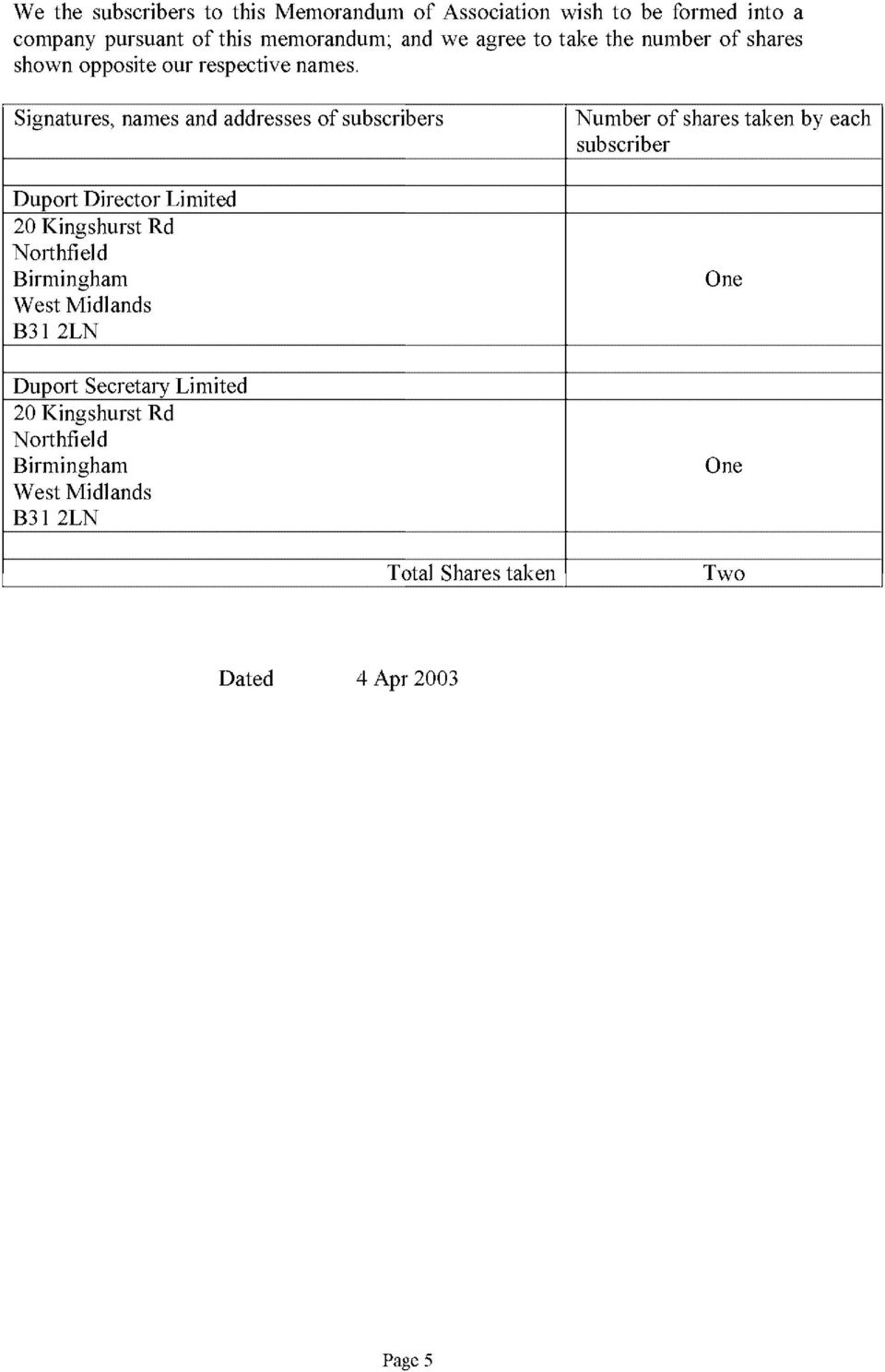 Signatures, names and addresses of subscribers Duport Director Limited 20 Kingshurst Rd Northfield Birmingham \Vest Midlands
