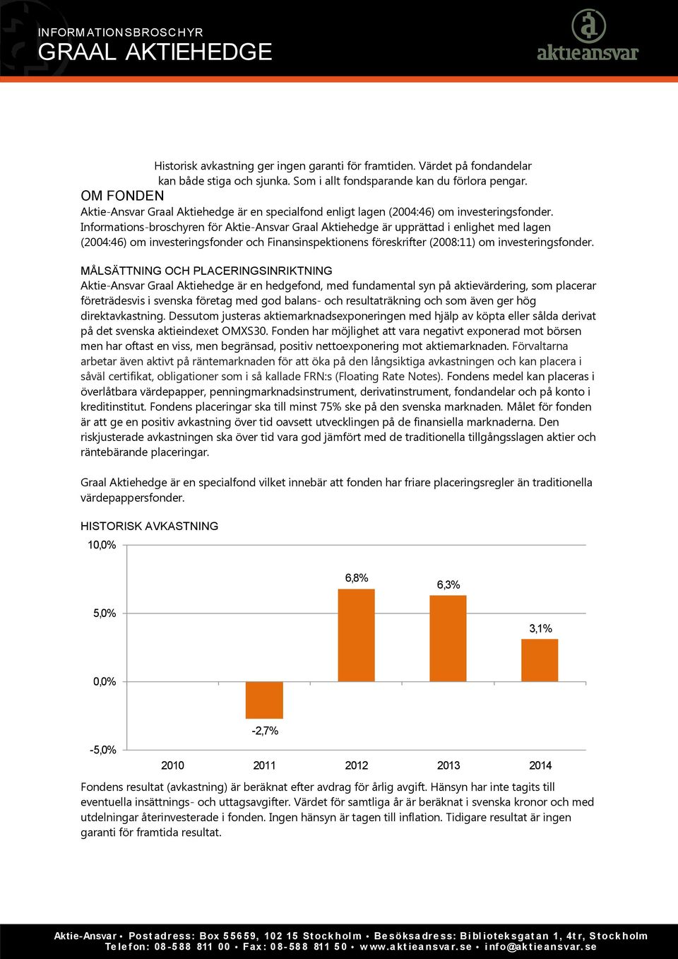 Informations-broschyren för Aktie-Ansvar Graal Aktiehedge är upprättad i enlighet med lagen (2004:46) om investeringsfonder och Finansinspektionens föreskrifter (2008:11) om investeringsfonder.