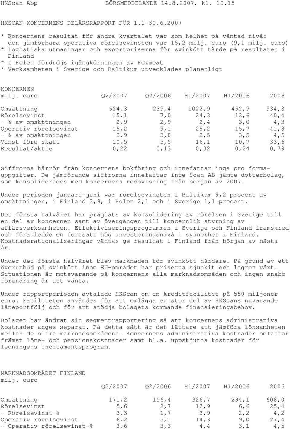 euro) * Logistiska utmaningar och exportpriserna för svinkött tärde på resultatet i Finland * I Polen fördröjs igångkörningen av Pozmeat * Verksamheten i Sverige och Baltikum utvecklades planenligt