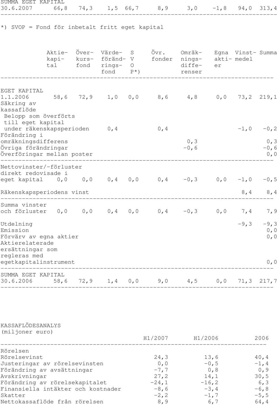 1.2006 58,6 72,9 1,0 0,0 8,6 4,8 0,0 73,2 219,1 Säkring av kassaflöde Belopp som överförts till eget kapital under räkenskapsperioden 0,4 0,4-1,0-0,2 Förändring i omräkningsdifferens 0,3 0,3 Övriga