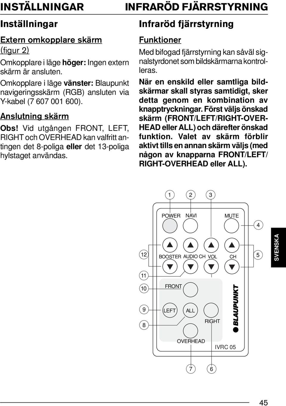 Vid utgången FRONT, LEFT, RIGHT och OVERHEAD kan valfritt antingen det 8-poliga eller det 13-poliga hylstaget användas.