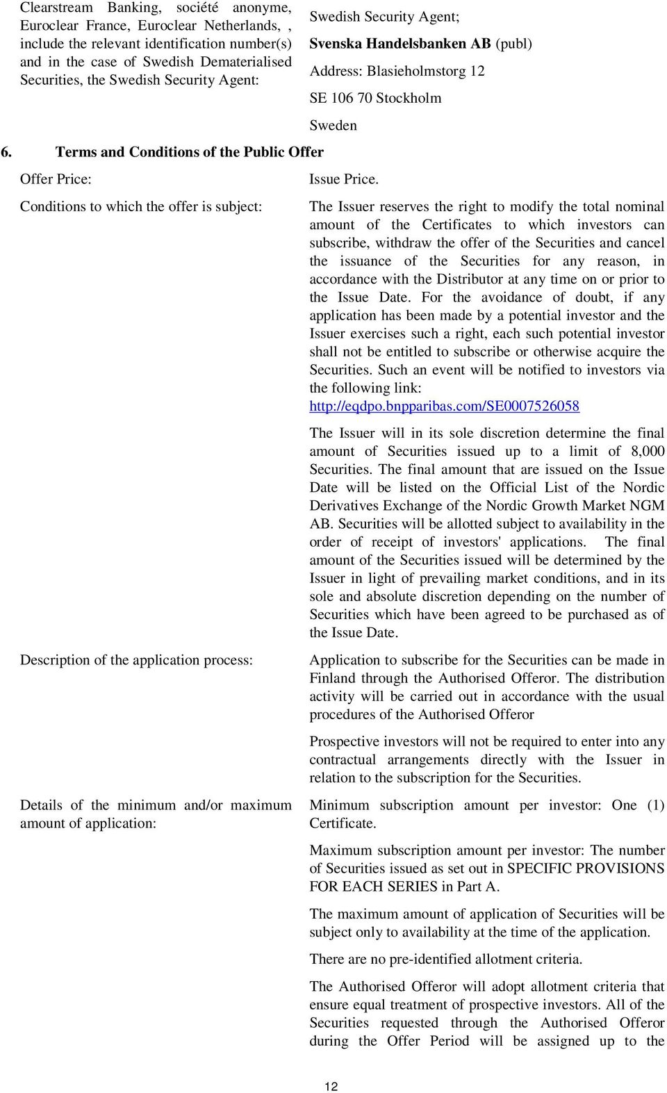 Terms and Conditions of the Public Offer Offer Price: Conditions to which the offer is subject: Description of the application process: Details of the minimum and/or maximum amount of application: