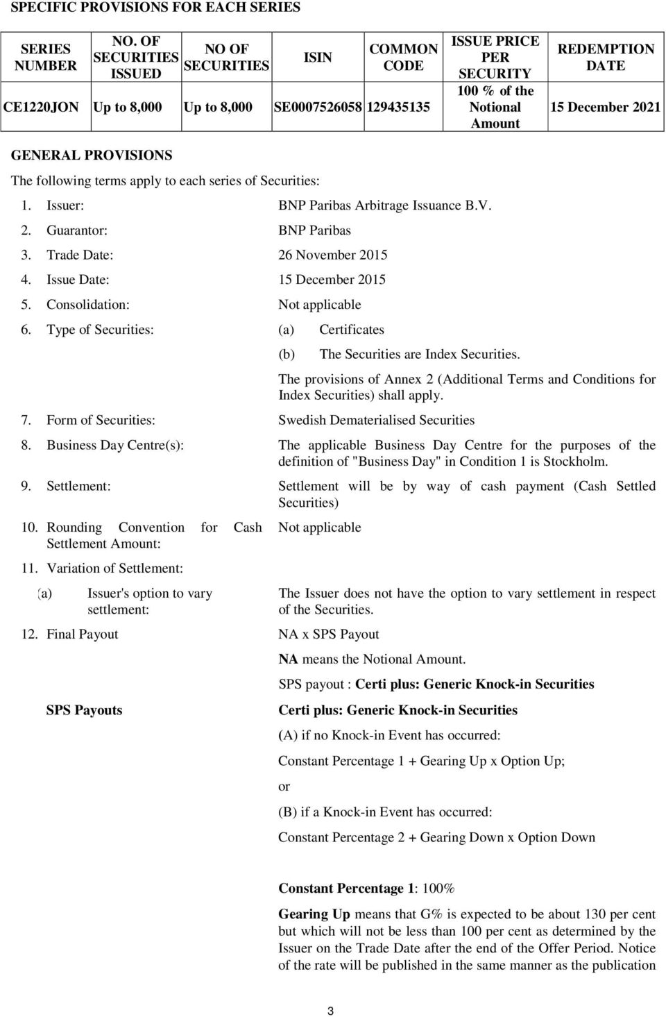 GENERAL PROVISIONS The following terms apply to each series of Securities: 1. Issuer: BNP Paribas Arbitrage Issuance B.V. 2. Guarantor: BNP Paribas 3. Trade Date: 26 November 2015 4.