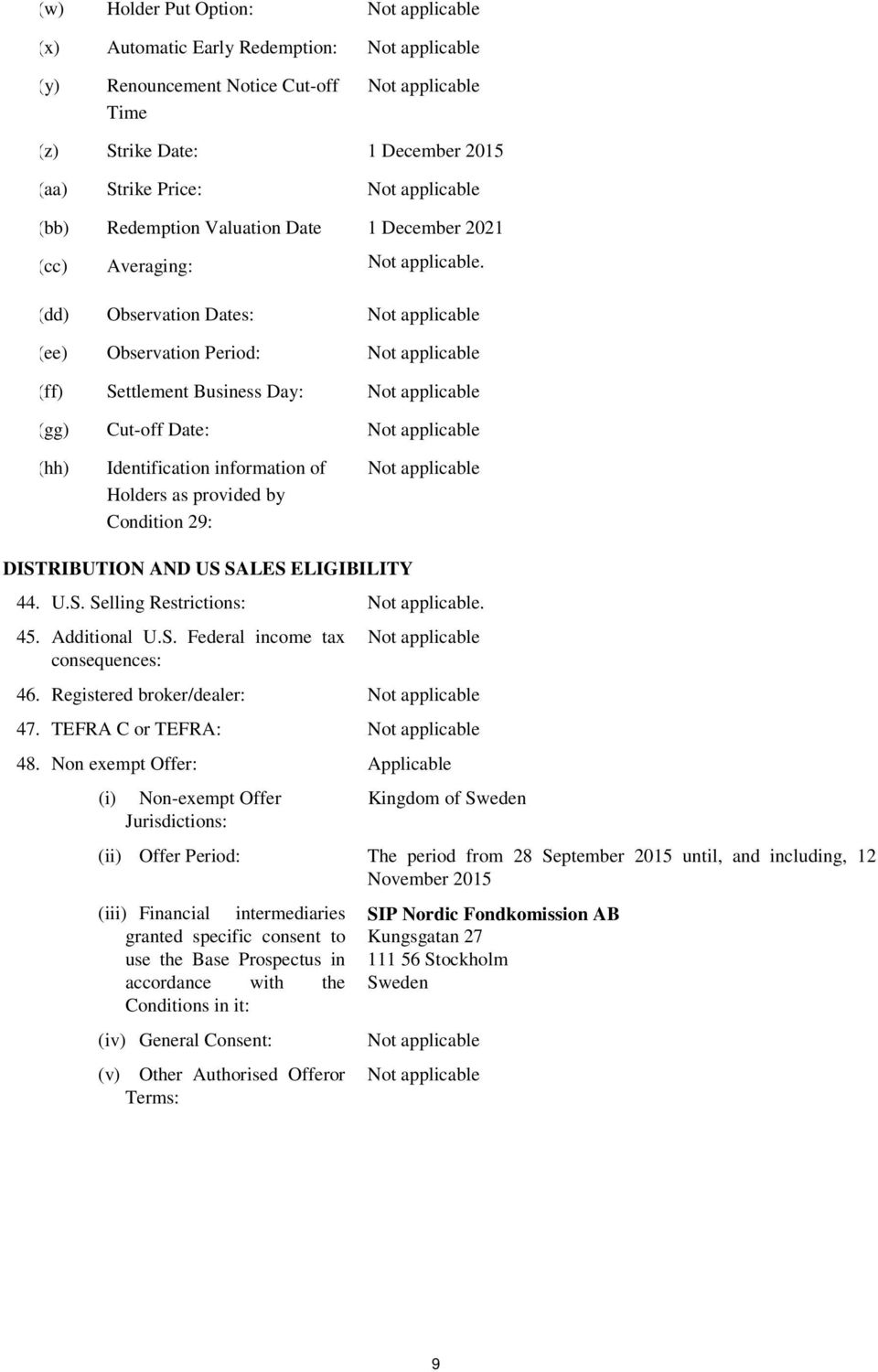 (dd) Observation Dates: (ee) Observation Period: (ff) Settlement Business Day: (gg) Cut-off Date: (hh) Identification information of Holders as provided by Condition 29: DISTRIBUTION AND US SALES