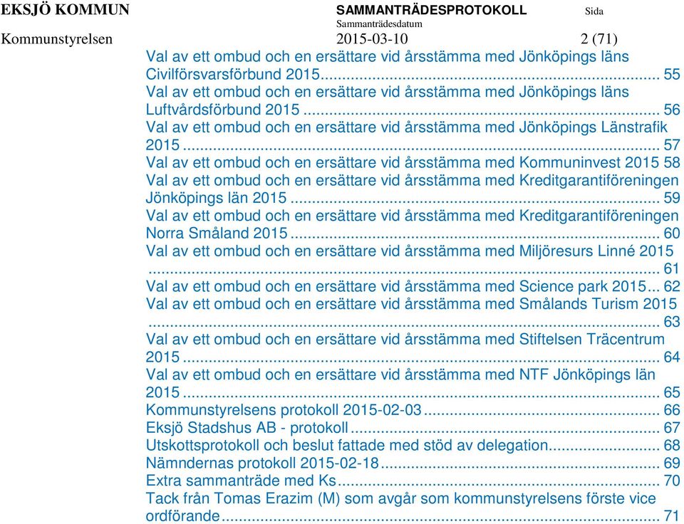 .. 57 Val av ett ombud och en ersättare vid årsstämma med Kommuninvest 2015 58 Val av ett ombud och en ersättare vid årsstämma med Kreditgarantiföreningen Jönköpings län 2015.