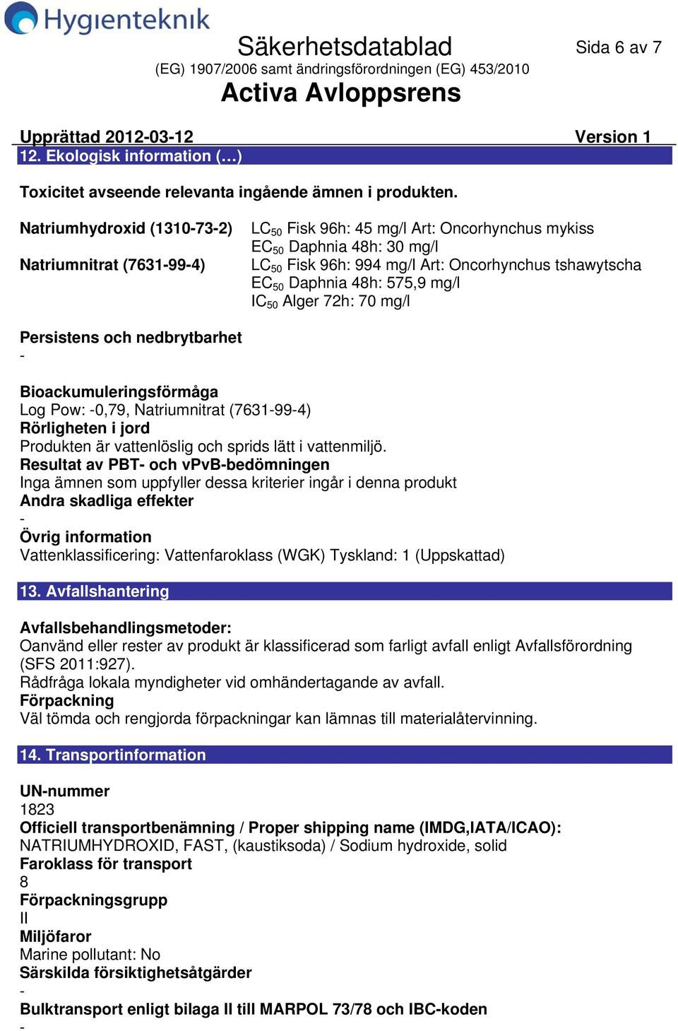 575,9 mg/l IC 50 Alger 72h: 70 mg/l Persistens och nedbrytbarhet Bioackumuleringsförmåga Log Pow: 0,79, Natriumnitrat (7631994) Rörligheten i jord Produkten är vattenlöslig och sprids lätt i