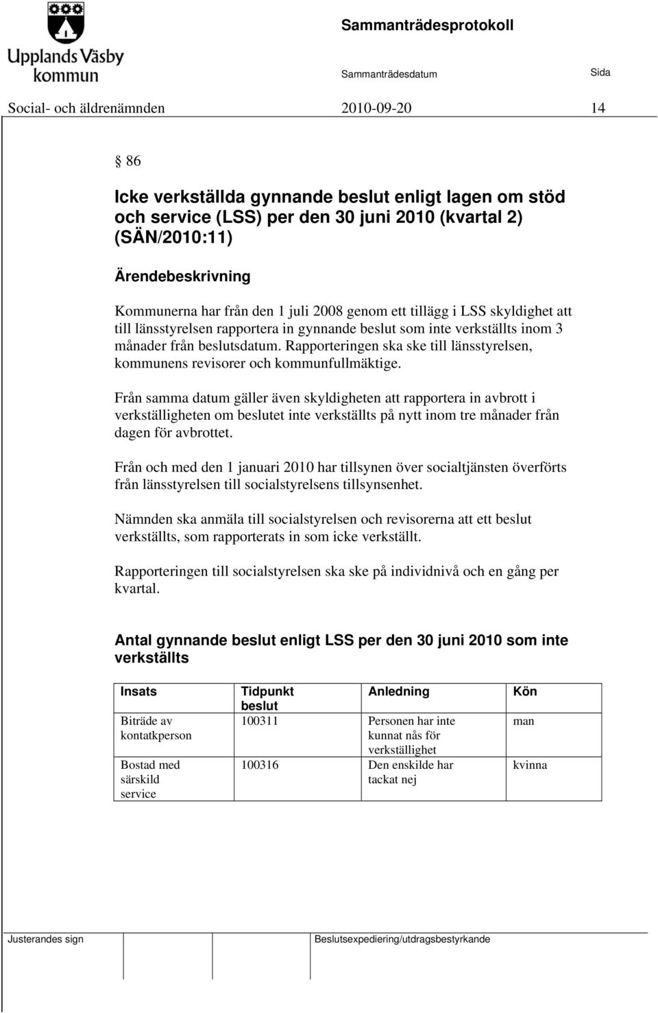 Rapporteringen ska ske till länsstyrelsen, kommunens revisorer och kommunfullmäktige.