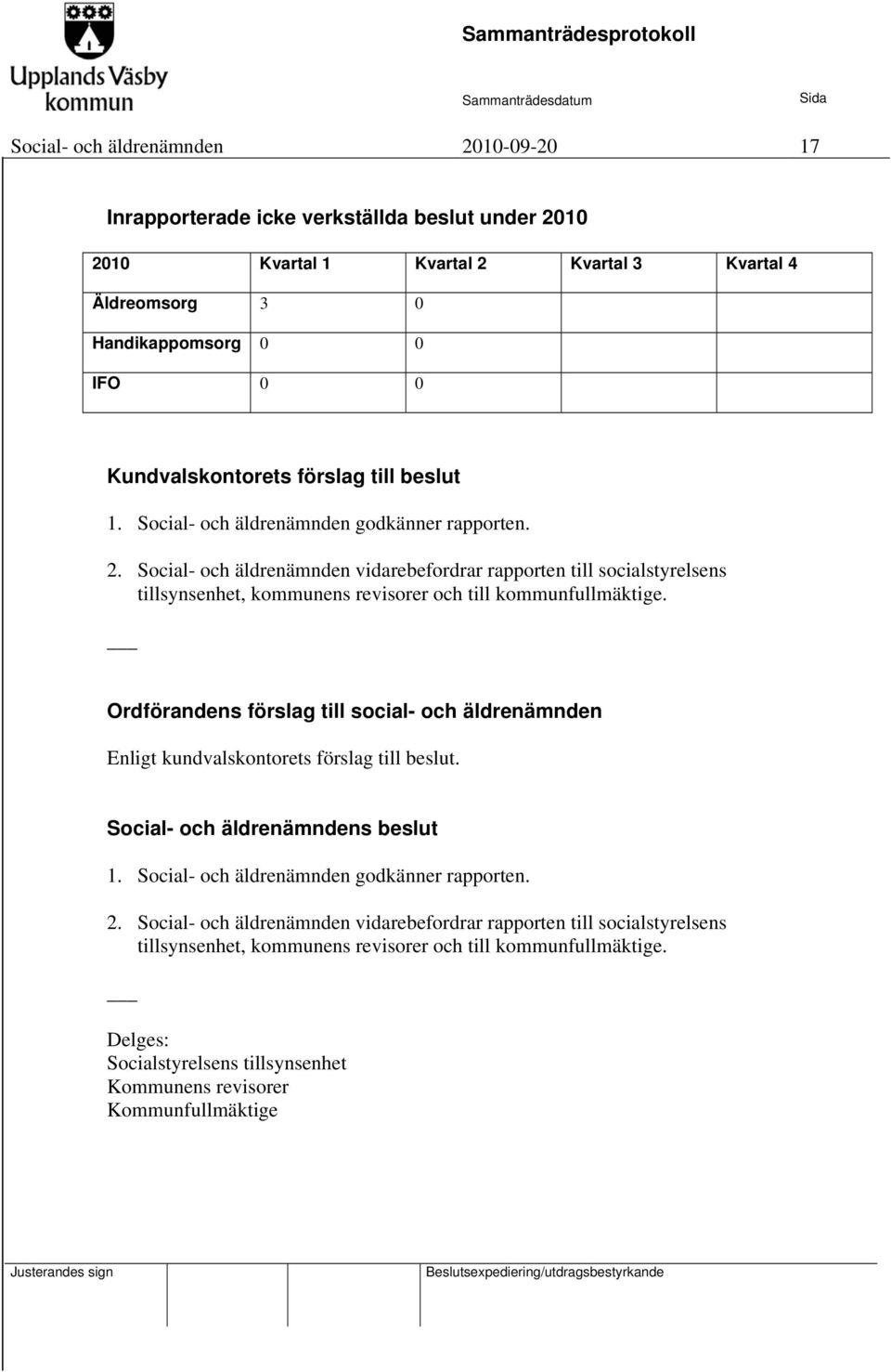 Social- och äldrenämnden vidarebefordrar rapporten till socialstyrelsens tillsynsenhet, kommunens revisorer och till kommunfullmäktige.