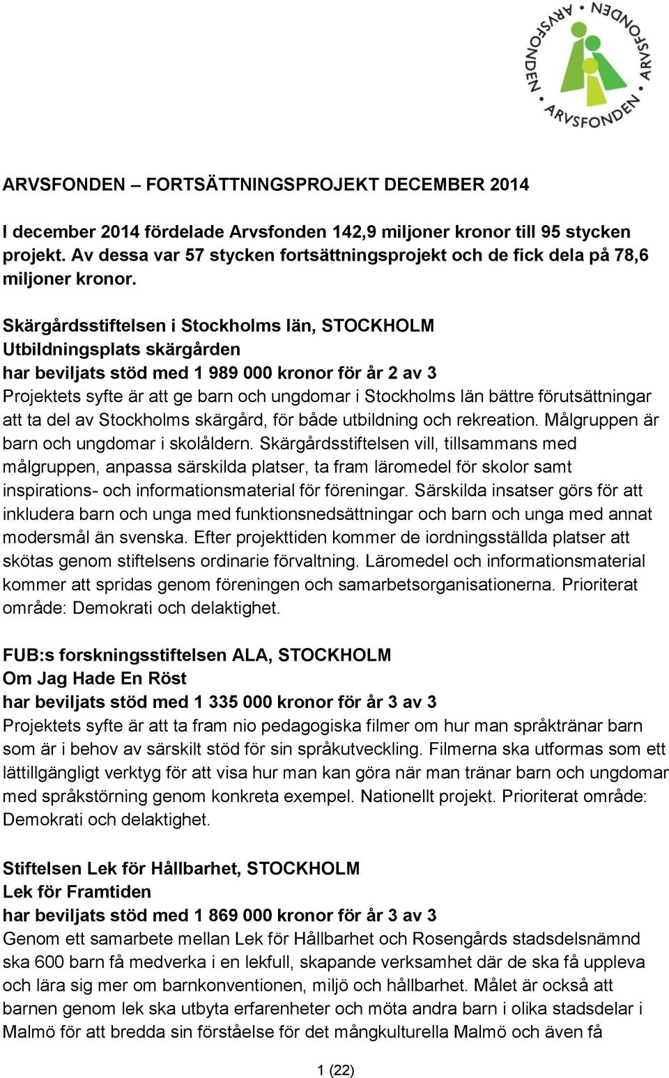 Skärgårdsstiftelsen i Stockholms län, STOCKHOLM Utbildningsplats skärgården har beviljats stöd med 1 989 000 kronor för år 2 av 3 Projektets syfte är att ge barn och ungdomar i Stockholms län bättre