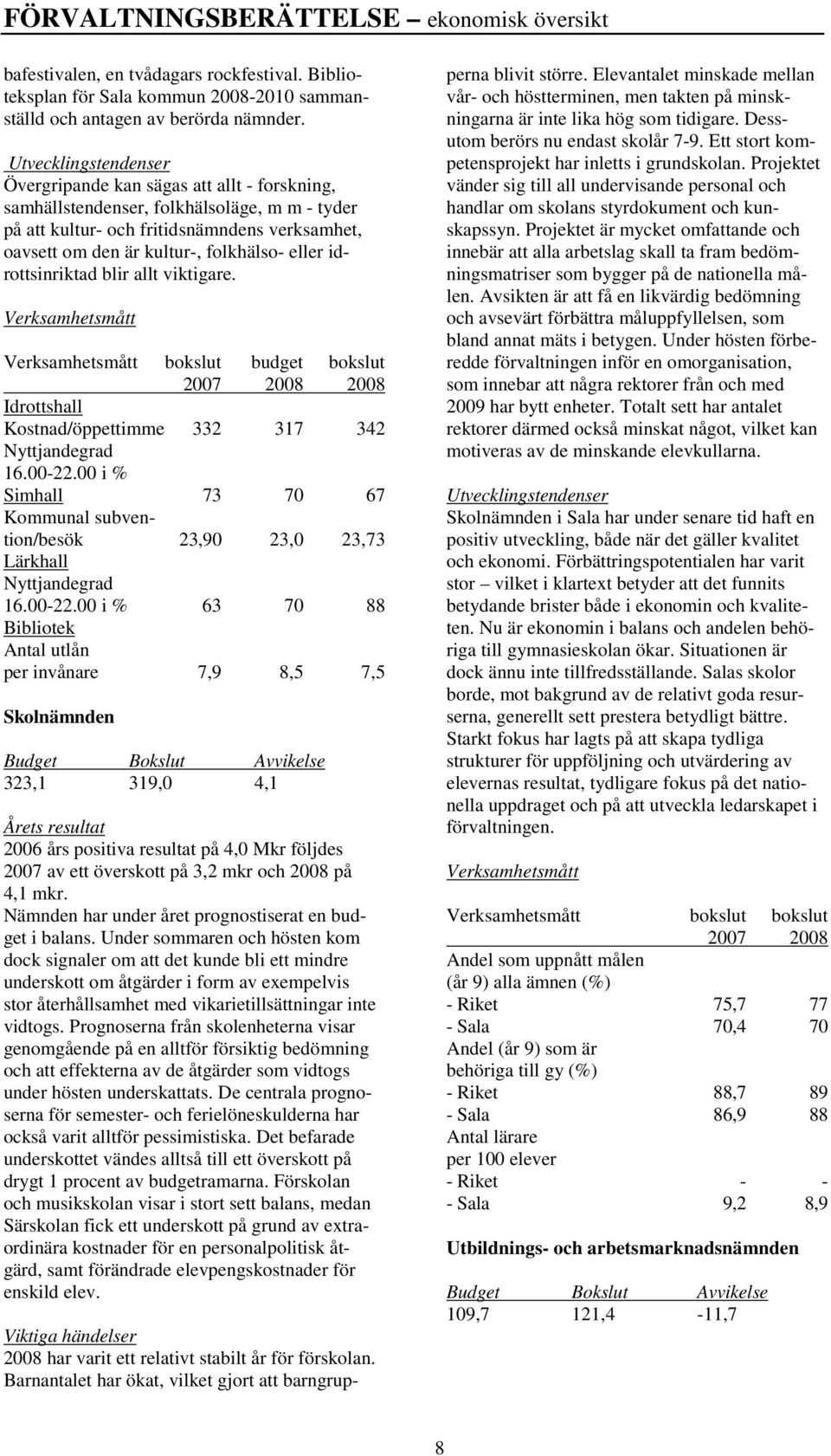 eller idrottsinriktad blir allt viktigare. Verksamhetsmått Verksamhetsmått bokslut budget bokslut 2007 2008 2008 Idrottshall Kostnad/öppettimme 332 317 342 Nyttjandegrad 16.00-22.