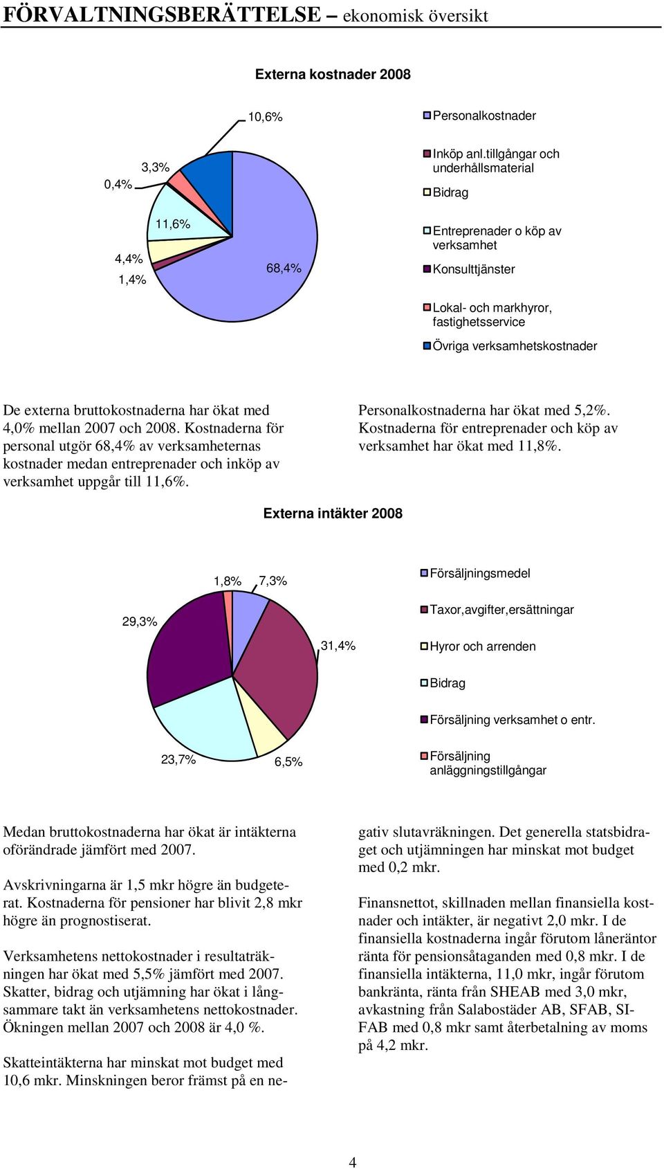 bruttokostnaderna har ökat med 4,0% mellan 2007 och 2008. Kostnaderna för personal utgör 68,4% av verksamheternas kostnader medan entreprenader och inköp av verksamhet uppgår till 11,6%.