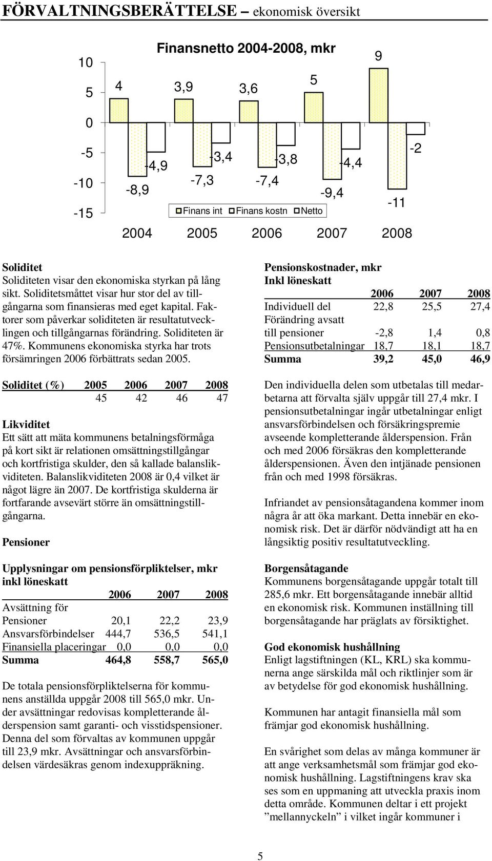 Faktorer som påverkar soliditeten är resultatutvecklingen och tillgångarnas förändring. Soliditeten är 47%. Kommunens ekonomiska styrka har trots försämringen 2006 förbättrats sedan 2005.