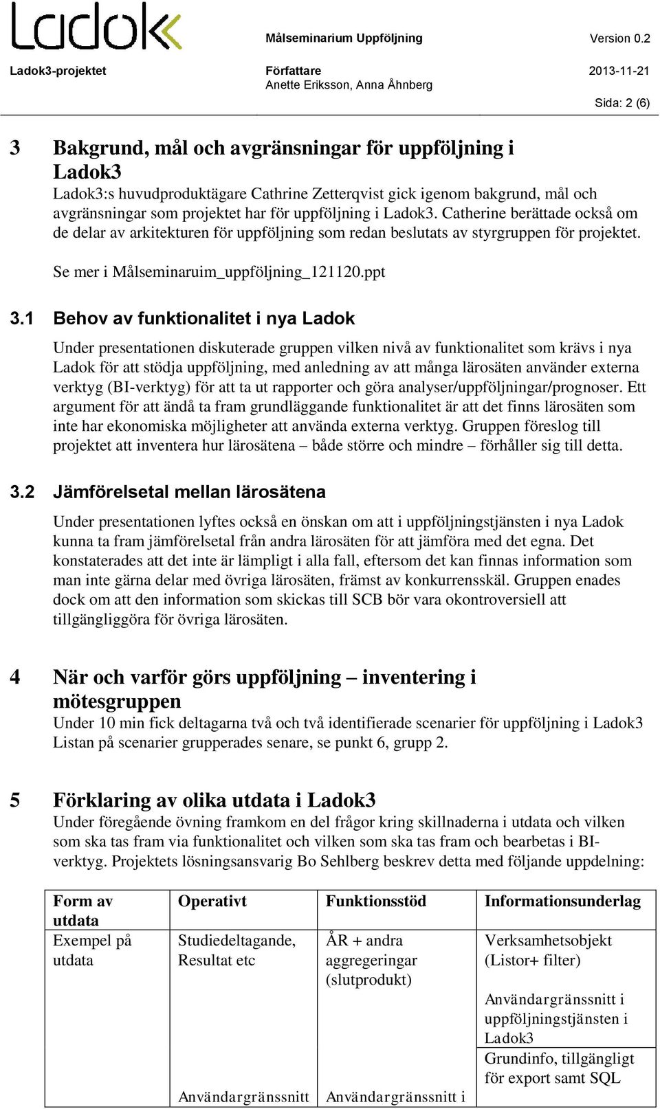 1 Behov av funktionalitet i nya Ladok Under presentationen diskuterade gruppen vilken nivå av funktionalitet som krävs i nya Ladok för att stödja uppföljning, med anledning av att många lärosäten