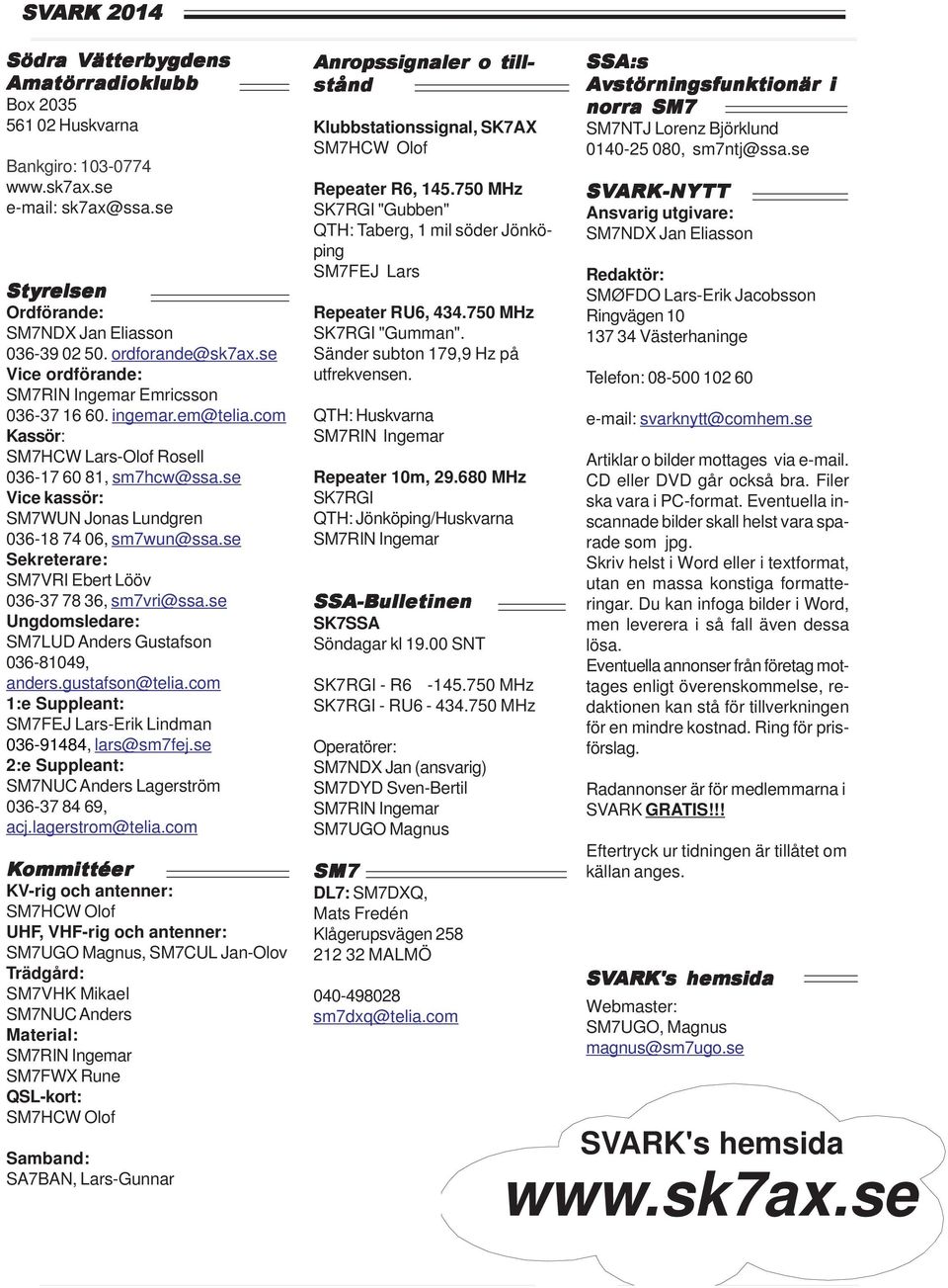 se Vice kassör: SM7WUN Jonas Lundgren 036-18 74 06, sm7wun@ssa.se Sekreterare: SM7VRI Ebert Lööv 036-37 78 36, sm7vri@ssa.se Ungdomsledare: SM7LUD Anders Gustafson 036-81049, anders.gustafson@telia.