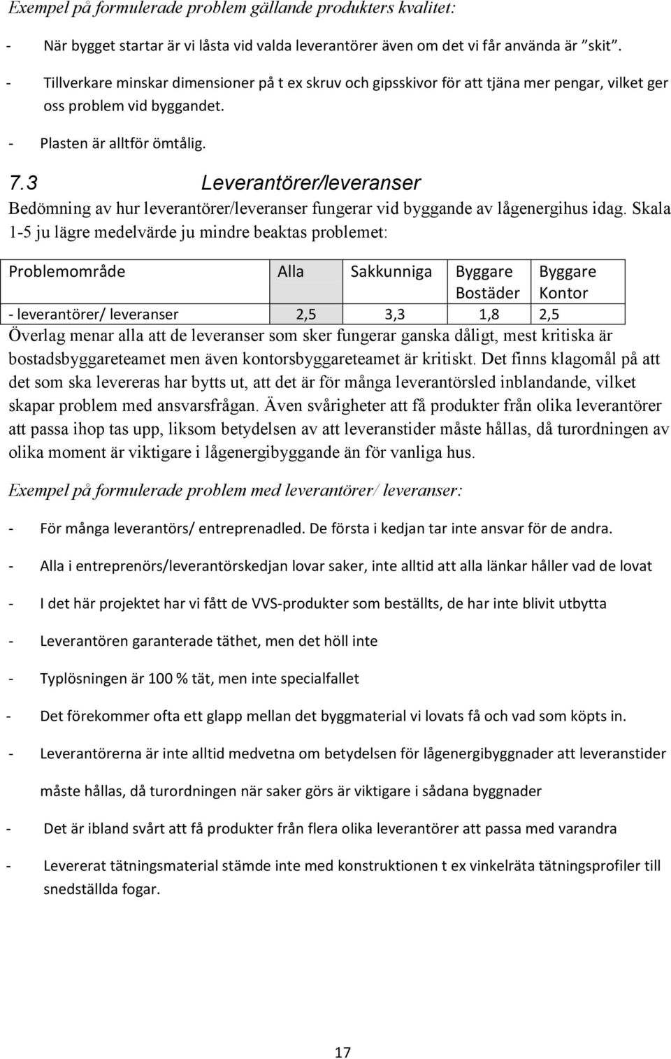 3 Leverantörer/leveranser Bedömning av hur leverantörer/leveranser fungerar vid byggande av lågenergihus idag.