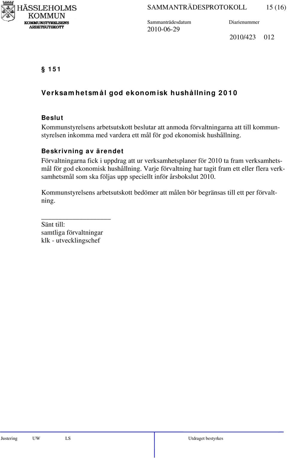 Förvaltningarna fick i uppdrag att ur verksamhetsplaner för 2010 ta fram verksamhetsmål för god ekonomisk hushållning.