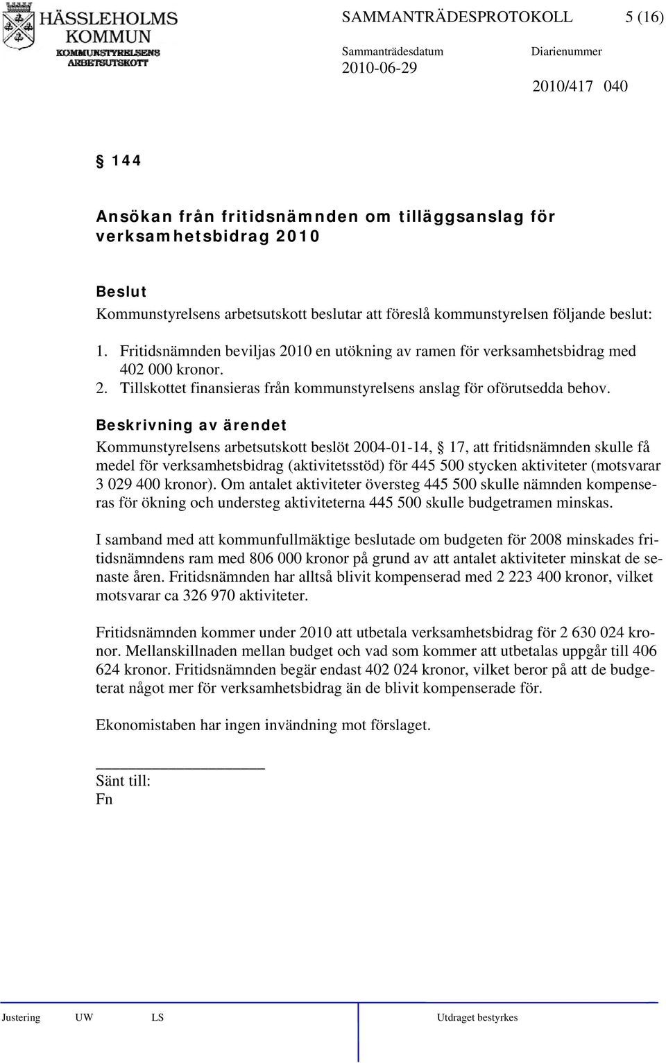 Kommunstyrelsens arbetsutskott beslöt 2004-01-14, 17, att fritidsnämnden skulle få medel för verksamhetsbidrag (aktivitetsstöd) för 445 500 stycken aktiviteter (motsvarar 3 029 400 kronor).