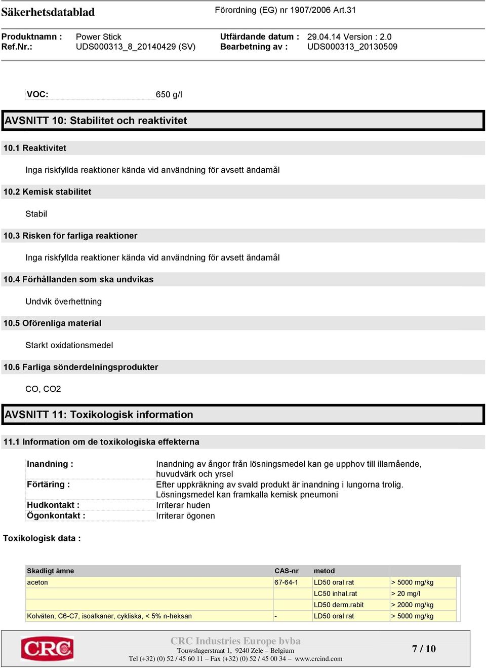 5 Oförenliga material Starkt oxidationsmedel 10.6 Farliga sönderdelningsprodukter CO, CO2 AVSNITT 11: Toxikologisk information 11.