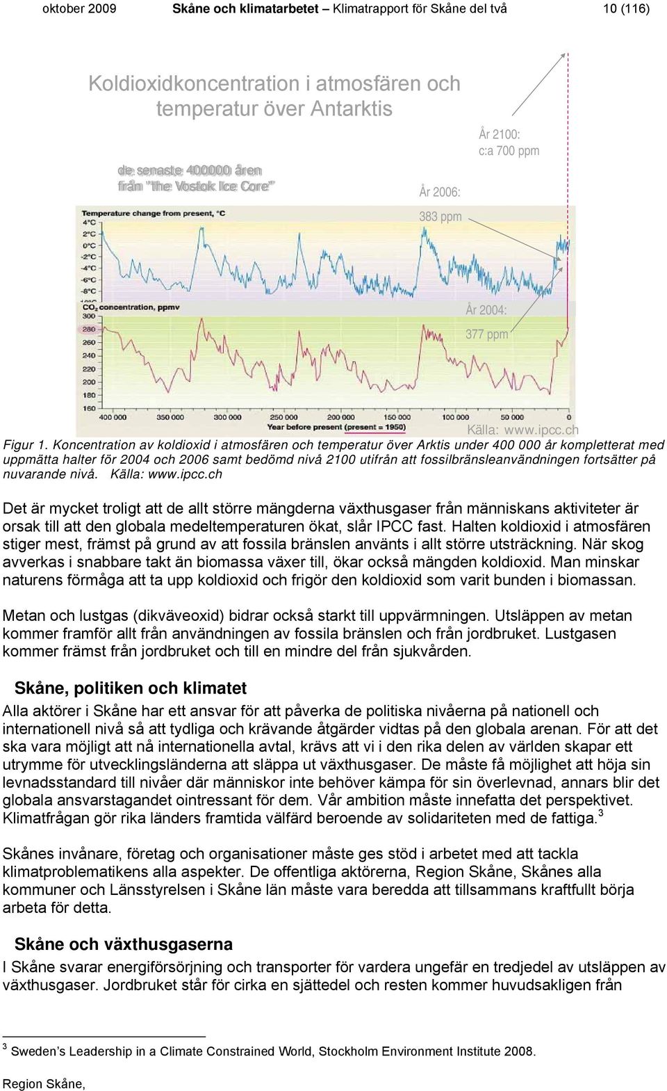 Koncentration av koldioxid i atmosfären och temperatur över Arktis under 400 000 år kompletterat med uppmätta halter för 2004 och 2006 samt bedömd nivå 2100 utifrån att fossilbränsleanvändningen