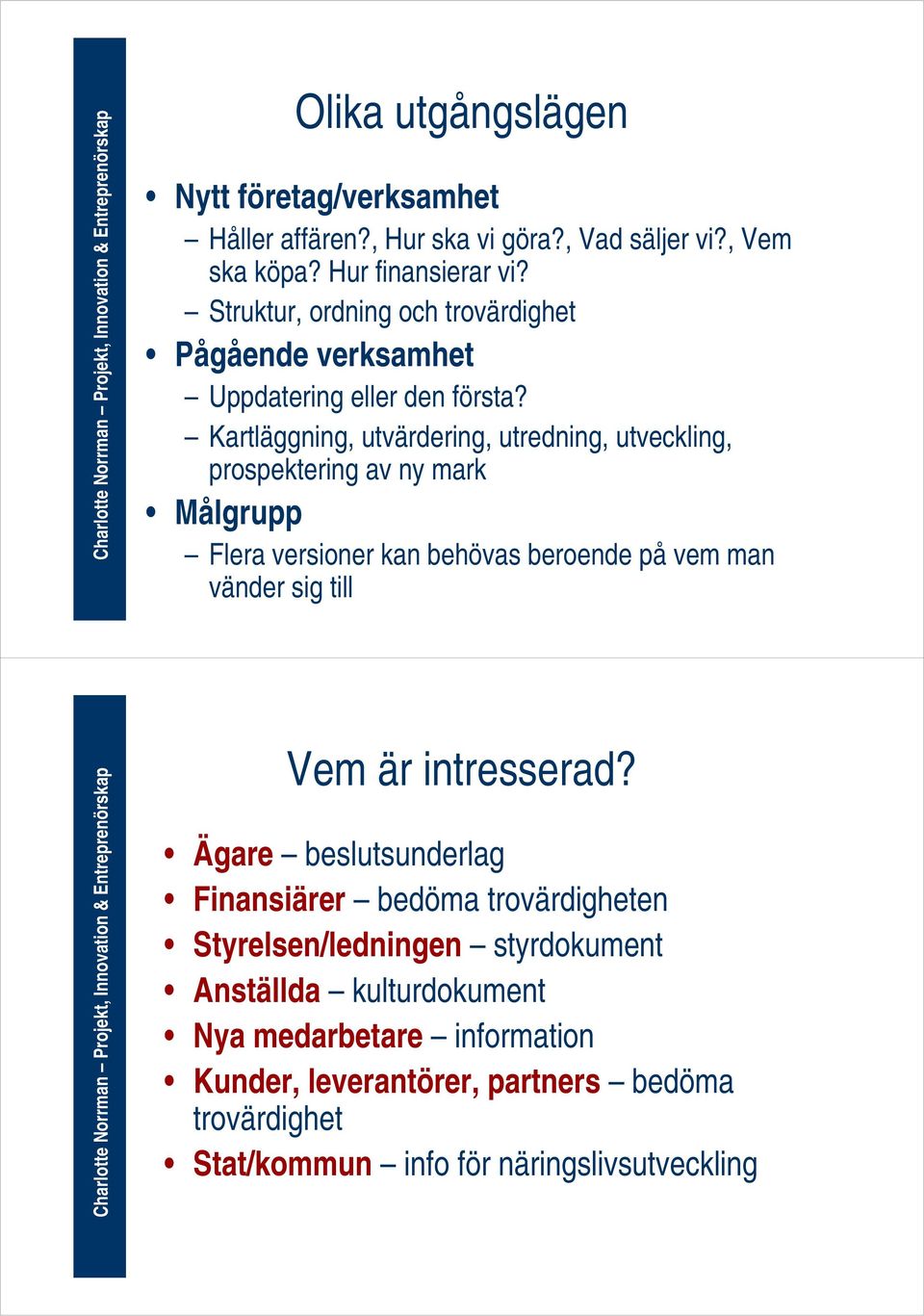 Kartläggning, utvärdering, utredning, utveckling, prospektering av ny mark Målgrupp Flera versioner kan behövas beroende på vem man vänder sig till Vem